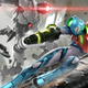 Image of Samus Aran sliding on the ground as a robotic E.M.M.I enemy stands in the background